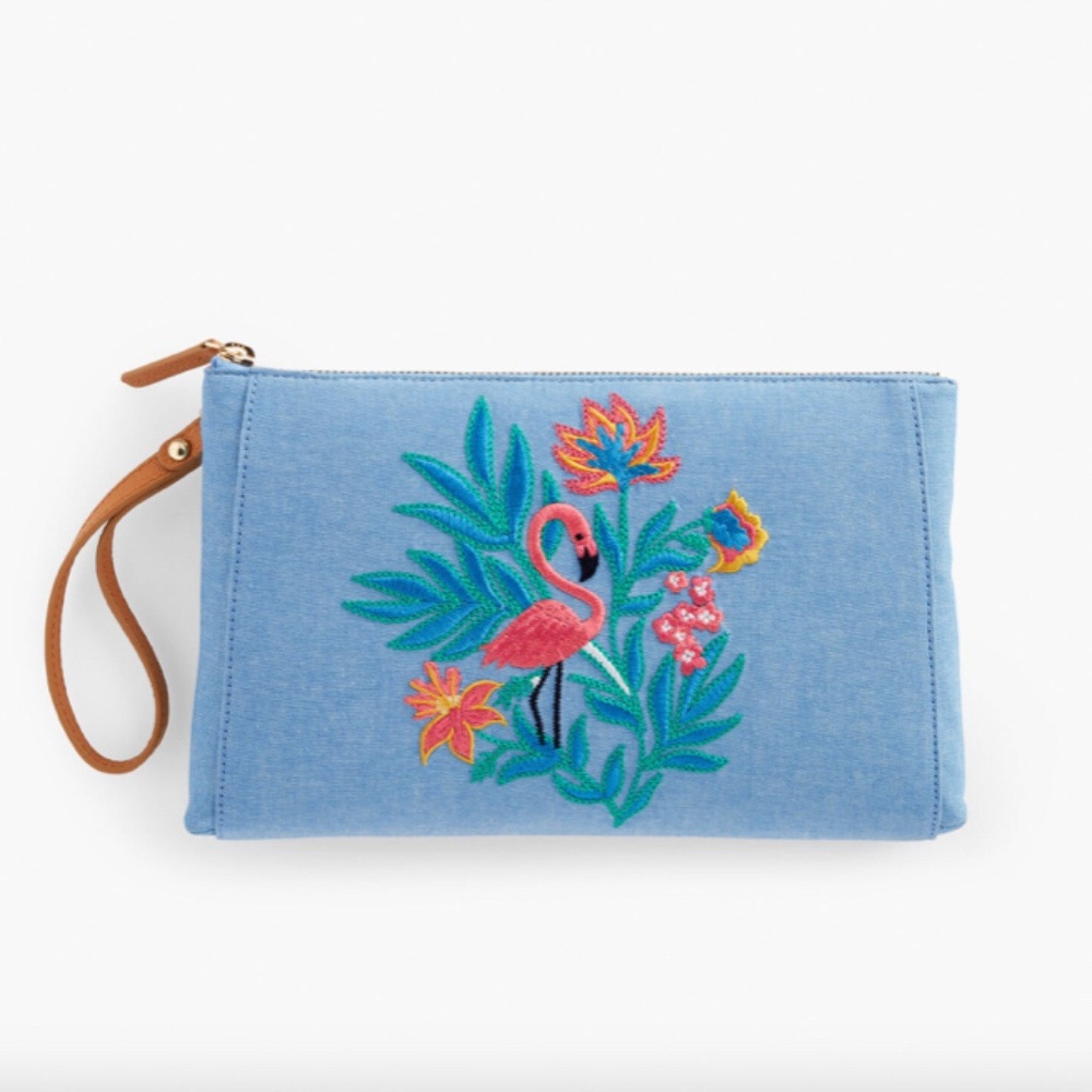 NWT Denim Wristlet Flamingo Floral Embroidered Cotton Leather Talbots 10.5"